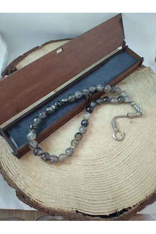 Gri Damarlı Akik Taşı Tespih Ahşap Kutulu / 10 MM Doğaltaş Tespih