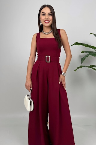 Noir Flow Kadın Bordo Kemerli Askılı Bol Paça Tulum Zarif Şıklık Bordo