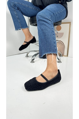 Günlük Kadın Babet Peluş Lastikli Oval Burunlu Alçak Topuklu Tırtıklı Tabanlı Ayakkabı 369 Siyah