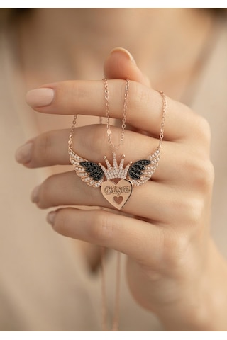 925 Ayar Orjinal Gümüş Kalbimin Tacı Melek Kanadı Rose Gold Renk Kolye