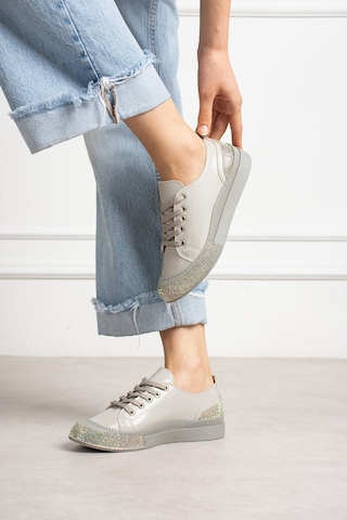Shoetek Sawex Kadın Sneakers Bağcıklı Taşlı Spor Ayakkabı Gri Deri