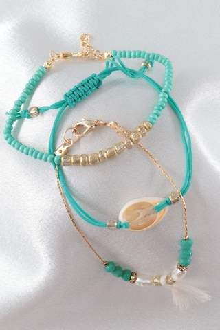 3lü Deniz Kabuklu İncili Püsküllü Asansörlü Lastikli Turkuaz İp Bileklik. Kadın İp Bileklik Halhal Çok Renkli