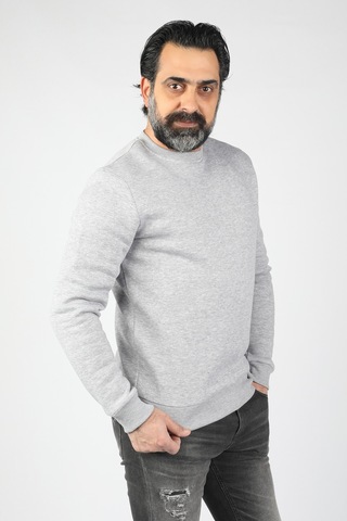 Erkek Sıfır Yaka Ribanalı Sweatshirt Gri