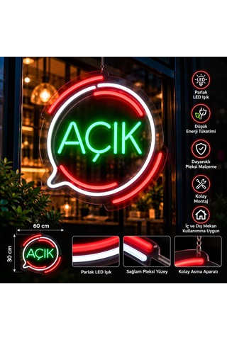 Açık Neon Led Tabela 60x30 Cm Işıklı Pleksi Vitrin Tabelası İşletme Dekorasyon