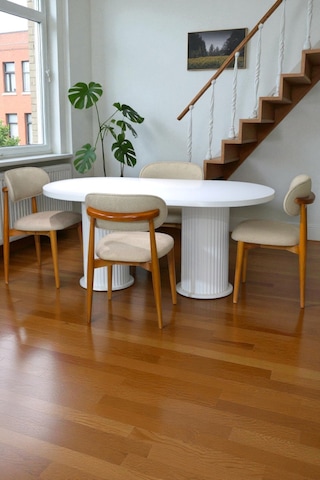 Bohem İskandinav Masa Sandalye Takımı 4 Adet Polo Sandalye Mdf Beyaz Oval Masa Modern Şık Beyaz