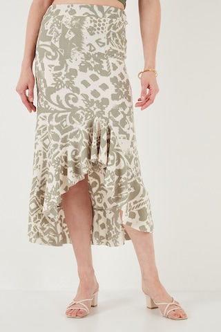 Lela Regular Fit Desenli Yüksek Bel Volanlı Midi Boy Yırtmaçlı Bayan Etek 5869013 Olive