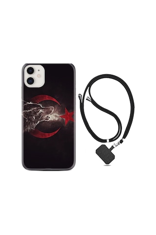 Apple iPhone Uyumlu Iphone 13 Kılıf Desenli Silikon Boyun Askılı Kurt Ve Ay Yıldız 1403