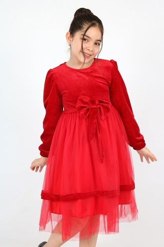 Kız Çocuk Kadife Kumaş Tül Detaylı Diz Boyu Tokalı Elbise Kırmızı
