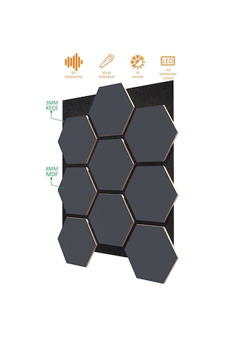 Ahşap Altıgen Petek Akustik Duvar Kaplama Paneli Mdf 68x56cm Antrasit