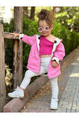 Modavals Kız Çocuk Puantiyeli Çift Taraflı Açık Krem&pembe Yağmurluk 489756231 Pembe
