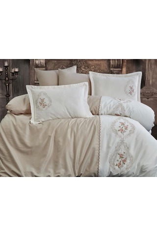 Dantela Isabella Nakışlı Pamuk Saten Nevresim Takımı Bej