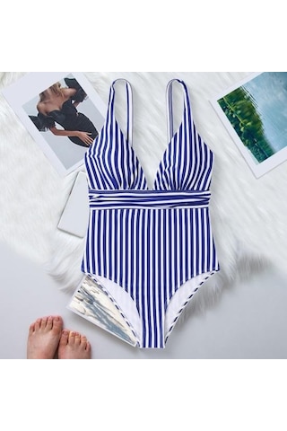 Yaz Monokini V Yaka Askılı Sırtı Açık Tek Parça Bikini Çizgili Baskılı Hızlı Kuruyan Slim Fit Vücut Şekillendirici Monokini Koyu Mavi
