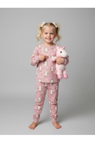 Kız Çocuk Pamuklu Baskılı Pijama Takımı-16834 Mor