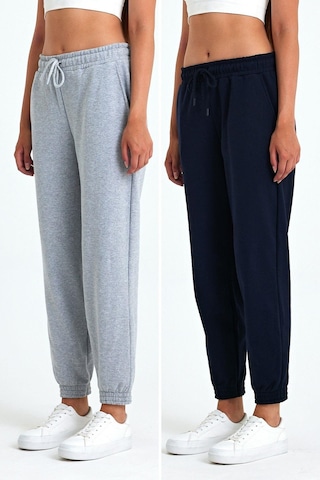 Kadın Siyah-antrasit Pamuklu Kalın Paçası Lastikli Yüksek Bel Rahat Jogger 2'li Eşofman Altı 001