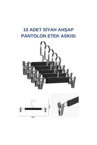 A Kalite 10 Adet Lamine Siyah Ahşap Mandallı Pantolon Askısı Etek Siyah