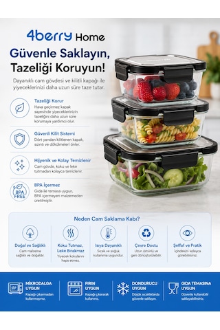 520 Ml Kilitli Cam Saklama Kabı İnoks Kapaklı Yemek Ve Kahvaltılık Kabı Şeffaf