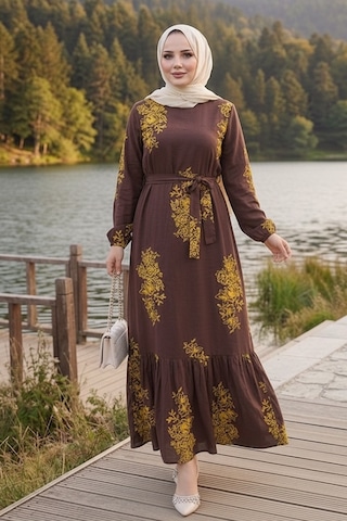 Bestenur Noyra Desenli Viskon Elbise 1722 - Kahve
