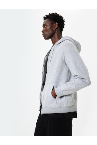 Koton Fermuarlı Sweatshirt Kapşonlu Cep Detaylı Pamuk Karışımlı Gri 5wam70016mk Gri