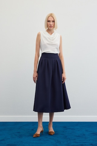 Sateen Pileli Midi Etek - Lacivert-136480 Lacivert