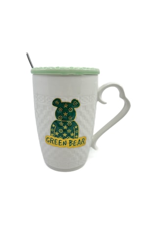 Porselen Kapaklı Yeşil Ayıcık Desenli Porselen Kupa Bardak Beyaz Yeşil