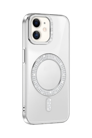 Apple Uyumlu iPhone 11 Kılıf Pırlanta Taş Tasarımlı M-safe Şarj Özellikli Karetta Silikon Kılıf Gümüş