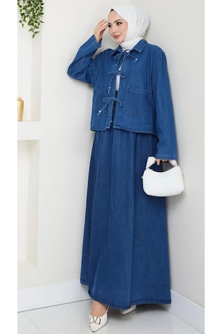 Tesettür Kadın Fiyonklu Etekli Kot Takım Koyu Mavi