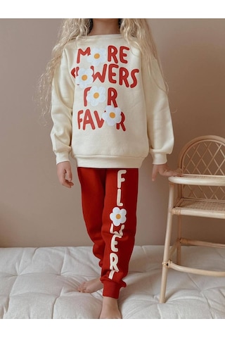 Kız Çocuk Papatya Desenli 3 İplik Şardonlu Takım Kırmızı