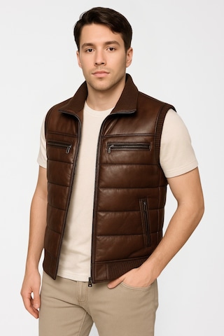 Derije Max Hakiki Deri Erkek Kahverengi Triko Detaylı Şişme Yelek