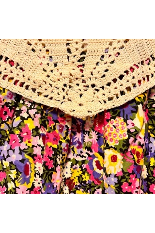 Uretti - Filiz 9248 - Kız Çocuk Örme Kafesli Robalı Çiçek Desenli Elbise 5 Yaş - Bej Çok Renkli