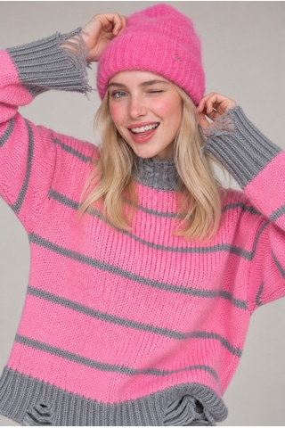 Neden Tekstil Kadın Premium Çizgili Yırtık Detaylı Oversize Triko Kazak - Pembe