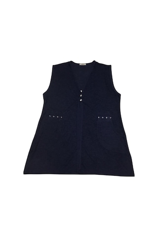 Kadın Önü Üç Düğmeli Jakarlı Cepli Kısa Yelek Lacivert