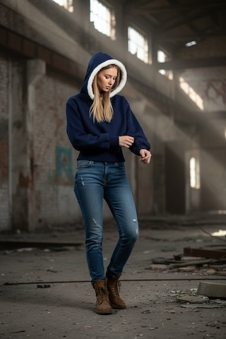 Kapşonlu Peluş Detaylı Sweatshirt Mavi