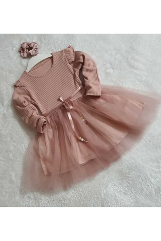 Kız Çocuk Gül Kurusu Tül Pamuklu Uzun Kol Özel Gün Doğum Günü Abiye Hediye Günlük Prenses Elbise Pembe