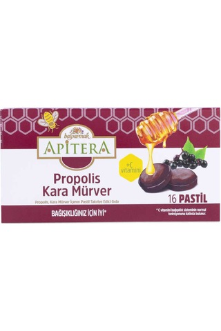 Apitera Doğal Bal, Kara Mürver, Zerdeçal, C Vitamini Ve Propolis İçeren Takviye Edici 16 Lı Boğaz Pastili