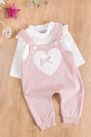 Kalp Desenli Fiyonklu Kız Bebek Tulum Salopet Takım Somon
