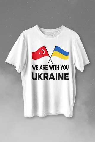 We Are With You Ukraine Ukrayna Türkiye Dostluk Beyaz Baskılı Tişört Unisex T-shirt 001