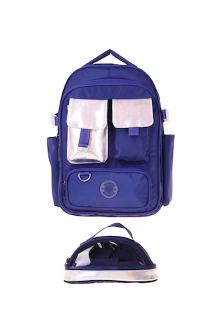 Kaukko Navy Blue Silver Kız Çocuk Lacivert - Gümüş Okul Sırt Çantası Ve Kalem Çantası Seti - Setkk-k1861c