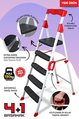 Elegance 4+1 Geniş Basamaklı Kolay Taşıma Aparatlı Merdiven Kaliteli Paslanmaz 4+1 Basamaklı