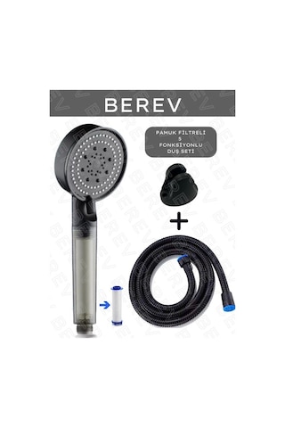 Berev Filtreli 5 Fonksiyonlu Siyah Yüksek Basınçlı Ayarlanabilir Duş Başlığı 150 Cm Siyah Hortum Mafsallı Set Siyah