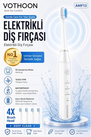 Şarjlı Diş Fırçası 15000 Vpm Titreşim Gücü, 500mah Batarya, 5 Temizlik Modu Beyaz