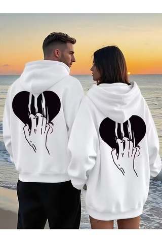 Nevermind Sevgili Çift Kombini 2 Li Kalp Ve Pençe Desenli Unisex Sweatshirt Beyaz