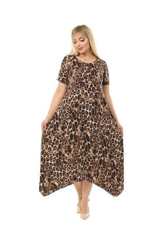 Melsay Butik Büyük Leopar Desen Asimetrik Kısa Kollu Uzun Elbise Kahverengi