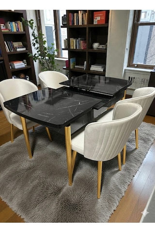 Msy Home 4 Kişilik Exclusive Kelebek Black Marble Gold Ayaklı Modern Yemek Odası Grubu 4512 Bej