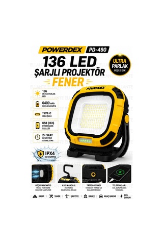136 Led Şarjlı Projektör Fener 6400 Mah Type-c Usb Powerbank Özellikli Su Geçirmez Mıknatıslı Kamp Ş Çok Renkli