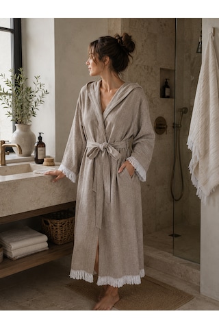 Aquatolıa Muslin Düz Desen Plaj, Sauna, Spa, Banyo Amaçlı Bornoz. Kahverengi