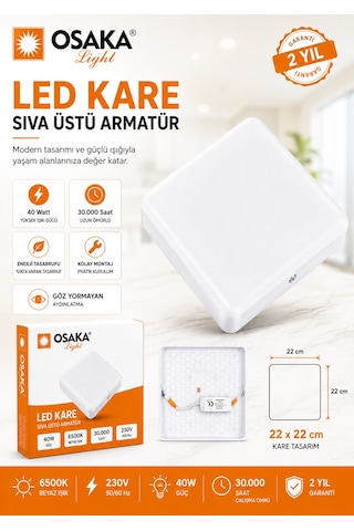 1 Adet Osaka 40w Kare Sıva Üstü Armatür Beyaz Işık 6500k