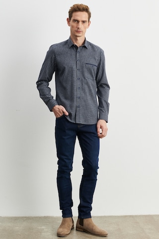 AC&Co / Altınyıldız Classics Erkek Lacivert-Gri Slim Fit Dar Kesim Düğmeli Yaka Pötikareli Flanel Oduncu Gömlek 4A2023100025LAGM Lacivert - Gri