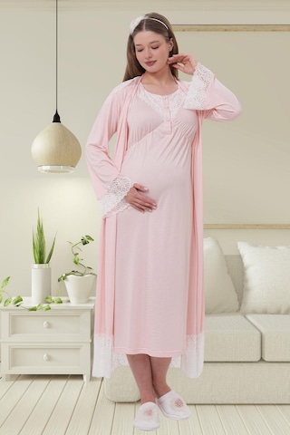Mecit 6204 Pembe Hamile Lohusa Dantelli Sabahlık Gecelik Takım