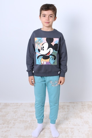 Erkek Çocuk Eşofman Takımı Mickey Mouse Baskılı Ribanalı F4 Turkuaz