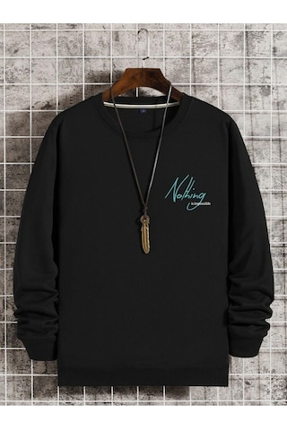 Unisex Oversize Nothing Baskı Bisiklet Yaka Siyah Sweatshirt Siyah
